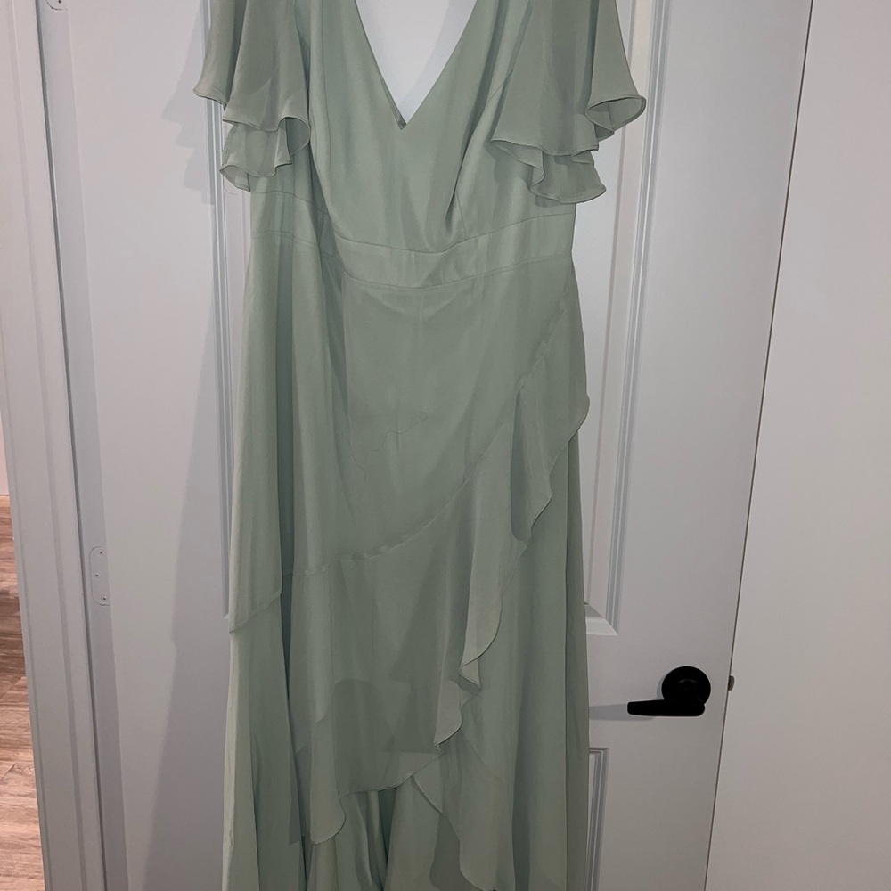 Sage Mint Green Ruffled V-Neck V-Back High-Low Bridesmaids Dress